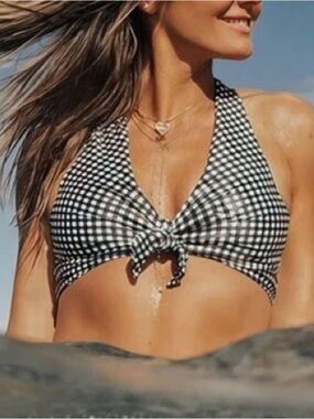 Albion Black Check Top Knot Gingham Swim Bikini Top Separate Size Medium